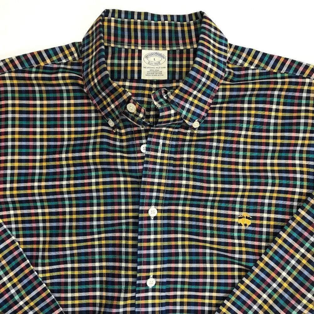 Brooks Brothers Men Large Cotton Red Multi-Color Plaid Logo Shirt
